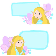 Dialog boxes with cute elf and flowers. Delicate pinks, blues and yellows.