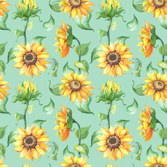 Fototapeta na wymiar Sunflower seamless pattern.Realistic illustration with big yellow Helianthus flower