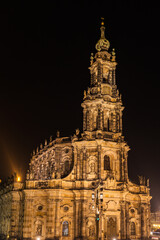 Fototapeta na wymiar Stunning night view of the Dresdener Hofkirche (Dresden Cathedral) on Schloßplatz square near Elbe river in the old town of Dresden, Saxony, Germany.