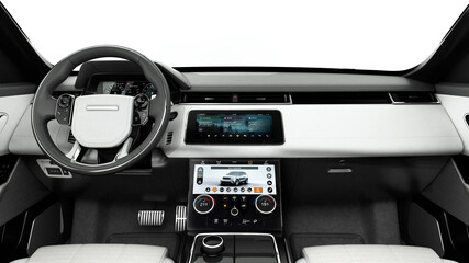 white leather luxury car interior 3d model rendering .Car interior luxury. red leather comfortable seats, steering wheel, dashboard, climate control, speedometer, display, leather  © luxmi_3d_studio
