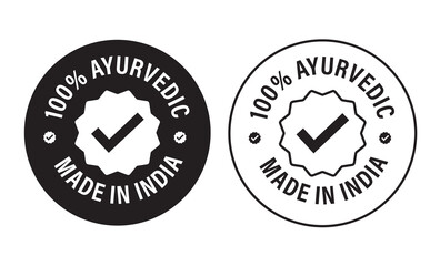 '100% Ayurveda, made in India'  vector icon with tick mark, black in color