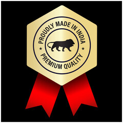 premium product, proudly made in India, premium golden vector stamp with red ribbon