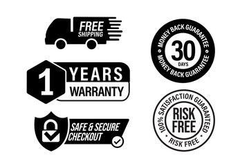 e commerce vector icon set including, free shipping, 1 year warranty, safe and secure checkout, risk free-100% satisfaction guarantee, 30 days money back guarantee