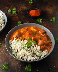 Chicken Paprikash with basmati, wild rice in juicy paprika sauce and parsley.
