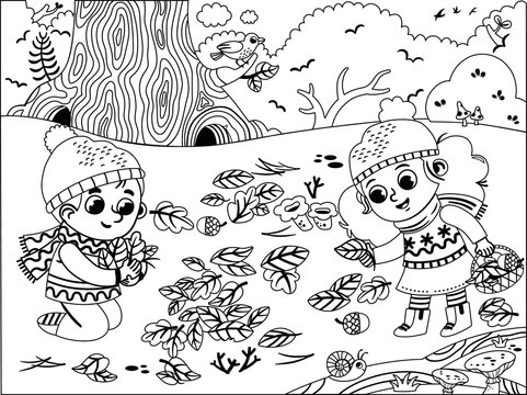 Black and white happy children having fun in Autumn park. Two kids in winter clothes collecting leaves and corns in Autumn. Vector Illustration.