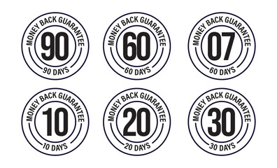 money back guarantee vector stamp. 90, 60, 30, 20,10 and 7 days money back guarantee. black in color