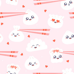 Dim sum - seamless pattern. Cute kawaii dumplings with chopsticks on pink background. Vector cartoon illustration