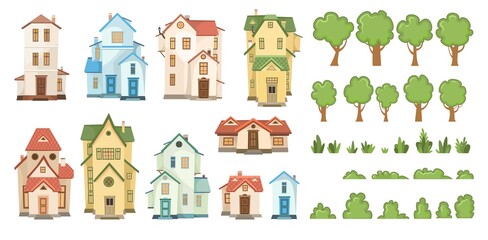 Cartoon house, trees and bushes. Set. A beautiful, cozy country house in a traditional European style. Collection of Cute funny homes. Isolated on white background. Vector
