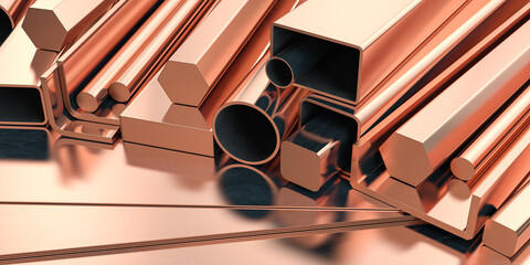 Copper tubes and different profiles in warehouse background. Different copper metal rolled products. - obrazy, fototapety, plakaty
