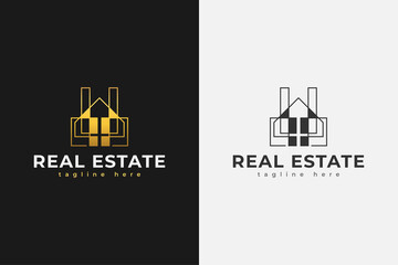 Obraz premium Minimalist Real Estate Logo in Gold Gradient with Line Style. Construction, Architecture or Building Logo Design Template