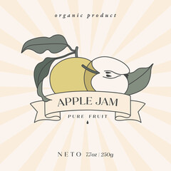Vector illustration retro design label with apple fruit - simple linear style. Emblems composition with fruits and typography.