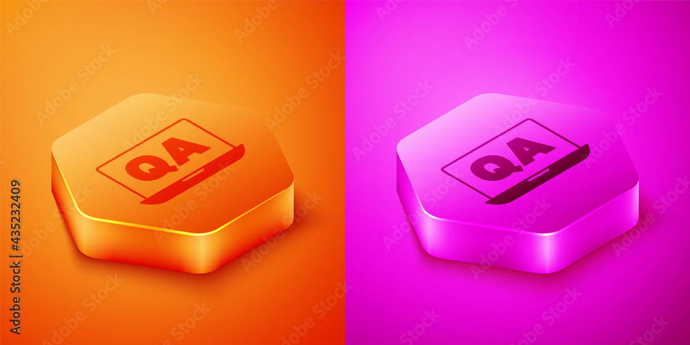 Poster isometric speech bubbles with question and answer icon isolated on orange and pink background. q and