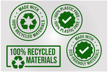 100% recycled vector icon set such  as 'made with Eco friendly materials, made with recycled materials and 100% plastic free' - obrazy, fototapety, plakaty