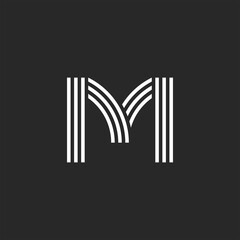 Monogram letter M logo offset thin parallel lines minimal design, linear creative business card emblem