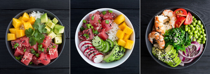 Collage of poke salad. Poke salad in the bowl on the black wooden background. Top view. Close-up. - obrazy, fototapety, plakaty