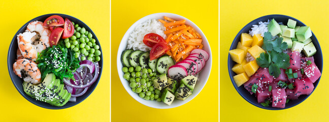 Collage of poke salad. Poke salad in the bowl on the yellow  background. Top view. Close-up.