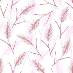 Hand drawn simple gentle calm floral vector seamless pattern in pink, purple pastel colors. Steppe pampas grass, twig, reeds, panicle inflorescences on a white background. For boho design, textiles.