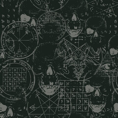 Abstract gothic seamless pattern with goat head, human skulls, occult and ritual symbols on a black backdrop. Gloomy vector background on theme of satanism, black magic, occultism in grunge style