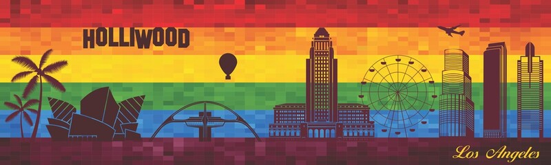 Los Angeles on LGBT flag background - illustration, 
Town in Rainbow background, 
Vector city skyline silhouette