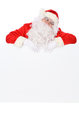 Crazy cheerful Santa Claus near copy space area, isolated over white background. Merry Christmas and New Year concept