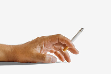 Male hand holding a cigarette isolated on white background.