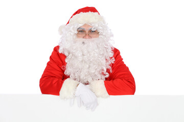 Crazy cheerful Santa Claus near copy space area, isolated over white background. Merry Christmas and New Year concept