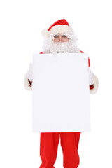 Crazy cheerful Santa Claus near copy space area, isolated over white background. Merry Christmas and New Year concept