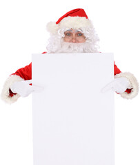 Crazy cheerful Santa Claus near copy space area, isolated over white background. Merry Christmas and New Year concept