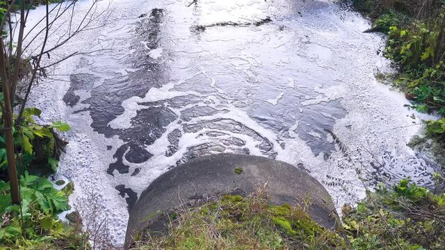 Brown swamp water full of organic substances flows down the pipe and forms a plentiful foam, biofouling