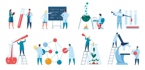 Scientists research. Scientist or biologist working in laboratory. Lab worker in white coat. Biotechnology, scientific research concept vector set. Chemists making invention or analysis