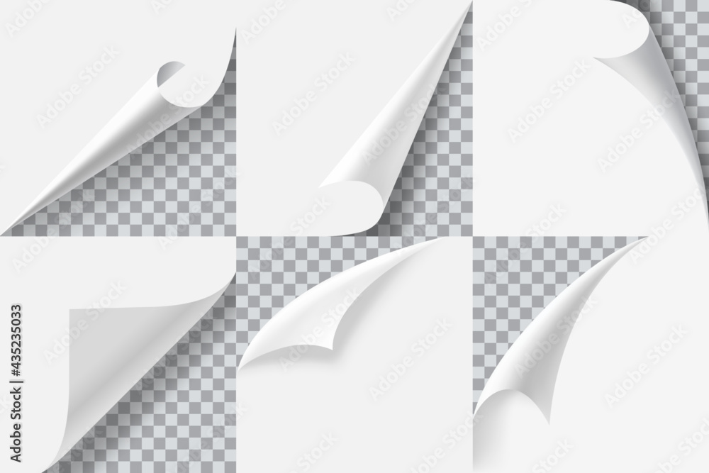 Poster page corners. realistic curled paper edge, peeling sticker, turning book pages. folded paper corner 