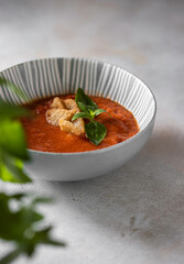 Cold homemade gazpacho soup. Traditional spanish cold tomato soup of fresh raw vegetables with cooking ingredients. Copy space for text or design.