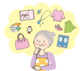 フリーマーケットで販売する商品を考えているシニア女性