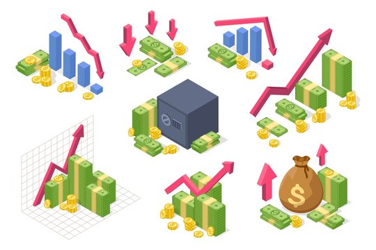 Money isometric chart. Income growth, financial success concept with money, coins, upward arrow. Economic crisis, stock market fall vector set. Profit analysis, increasing and saving income