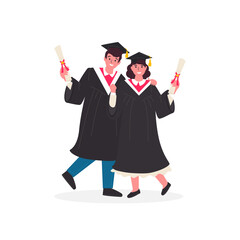 Happy graduated students wearing academic gown hold diplomas in their hands. The guy and the girl graduated from the university.  Vector illustration for banner, poster, web page, greeting card