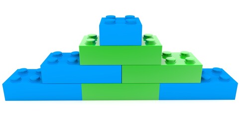 Blue and green toy bricks alternate on top of each other