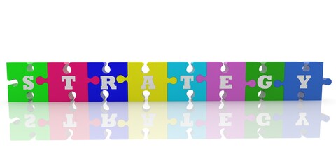STRATEGY concept on colorful connected puzzle pieces