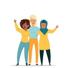 Fototapeta premium Women of different nationalities stand together. Friendship. Hand-drawn characters isolate on white background. Vector illustration.