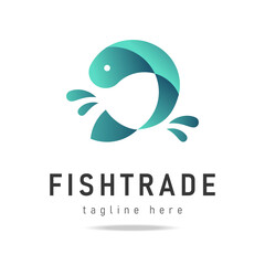 Abstract fish logo with splashing water, fresh fish icon, seafood sign, fish trade business company.Design template aquatic fishing symbol, product shop.Vector illustration.