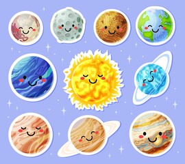 Planet stickers. Cartoon planets with cute faces. Sun, earth, moon, mars sticker. Funny solar system planets characters for kids vector set. Astronomy science education for children