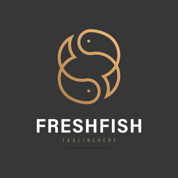 Abstract fish logo with splashing water, fresh fish icon, seafood sign, fish trade business company.Design template aquatic fishing symbol, product shop.Vector illustration.