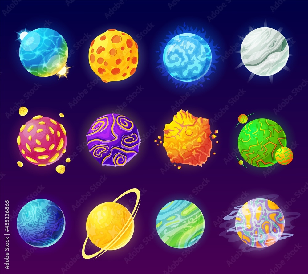 Wall mural fantasy planet. cartoon fantastic alien planets, colorful magic worlds. space galaxy universe cosmic