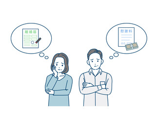 離婚を考える中高年の夫婦　離婚届　慰謝料　破局　男女　ミドル　イラスト素材