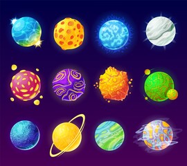 Fantasy planet. Cartoon fantastic alien planets, colorful magic worlds. Space galaxy universe cosmic elements for game design vector set. Craters and comets surface of different colors and shape