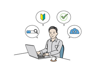 ノートパソコンを使う中高年の男性　検索　ネットサーフィン　ミドル　イラスト素材