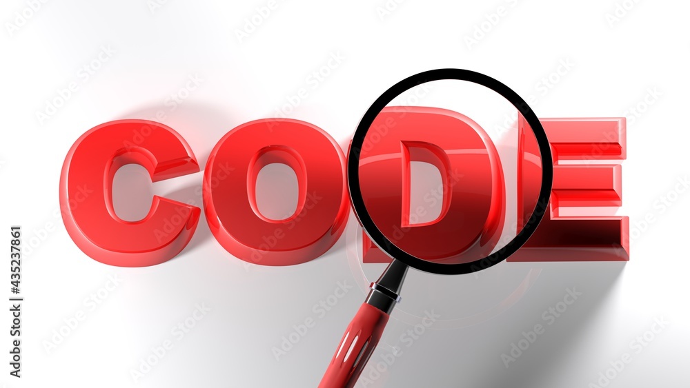 Poster code write under maginfied observation - 3d rendering illustration