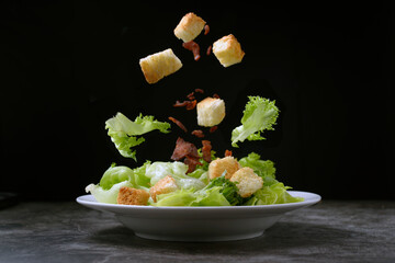 Caesar salad with crispy bread and bacon , Healthy food style - obrazy, fototapety, plakaty