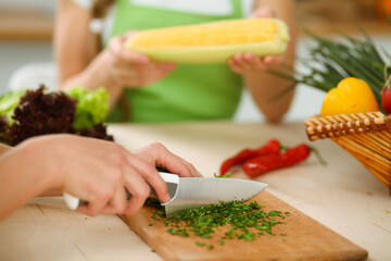 Unknown young woman slicing greens for a delicious fresh vegetarian salad while sitting and smiling at the kitchen desk, just hands, close-up. Cooking concept