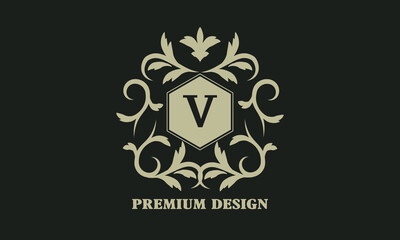 Luxurious monogram with the letter V. Emblem boutique, antiques, hotel, restaurant, cafe, heraldry, jewelry, postcards.