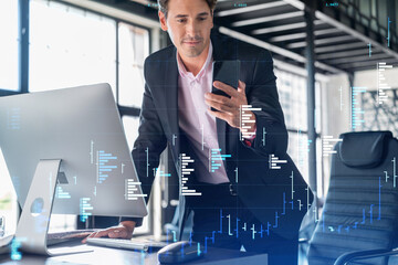 Businessman in suit using smart phone to optimize trading strategy at corporate finance fund. Forex...